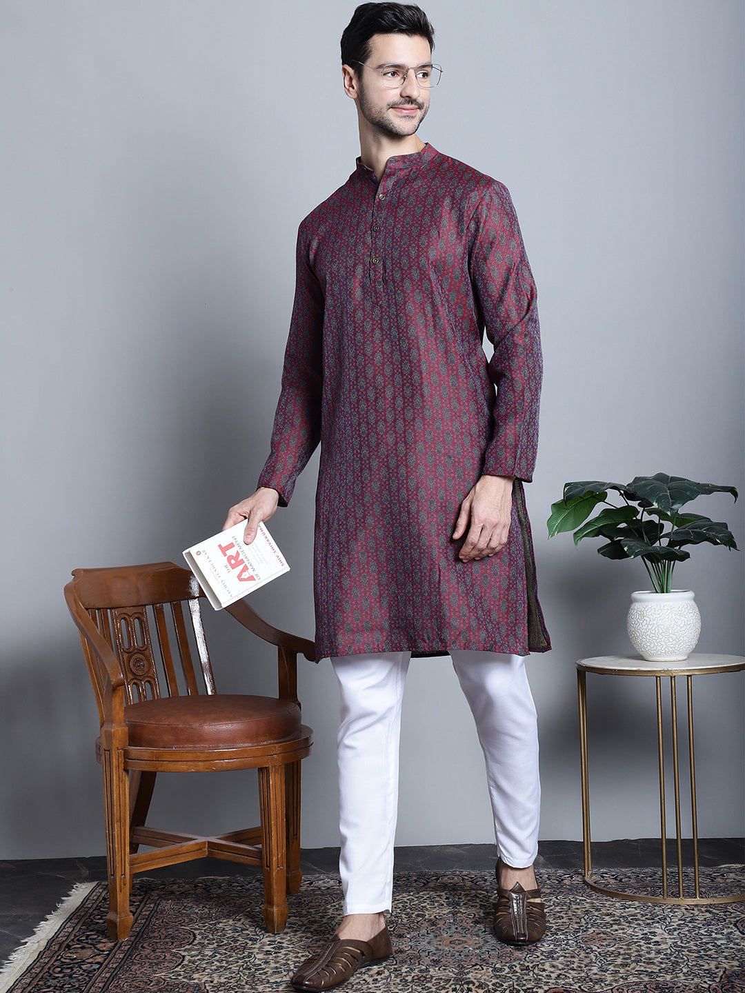 Jompers Men's Maroon Woven Design Kurta with Pyjamas - Distacart