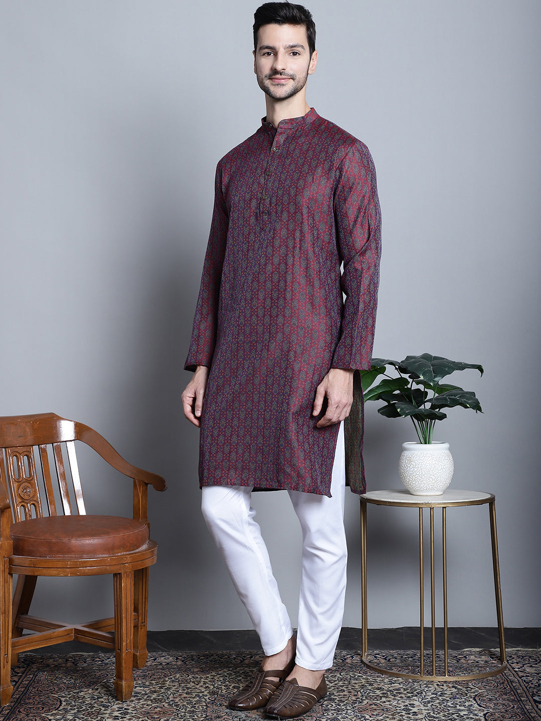 Jompers Men's Maroon Woven Design Kurta with Pyjamas - Distacart