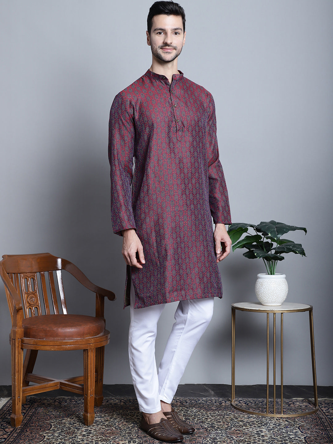 Jompers Men's Maroon Woven Design Kurta with Pyjamas - Distacart