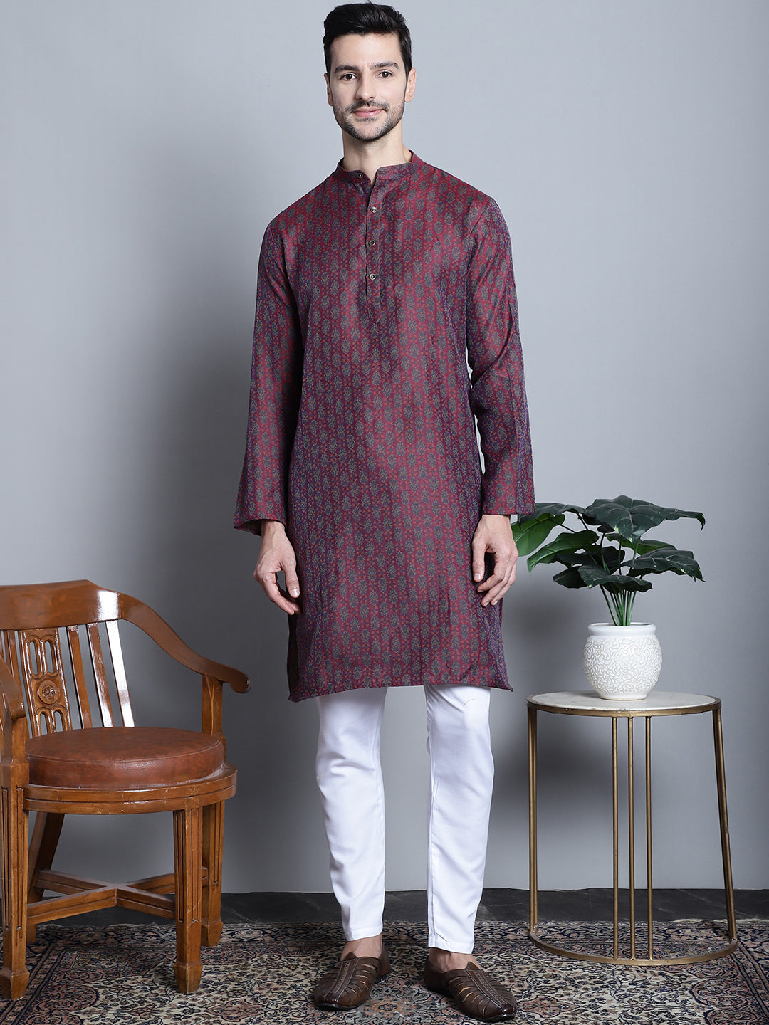 Jompers Men's Maroon Woven Design Kurta with Pyjamas - Distacart