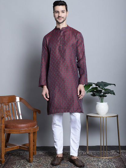 Jompers Men's Maroon Woven Design Kurta with Pyjamas - Distacart