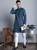 Thumbnail for Jompers Men's Navy Blue Woven Design Kurta with Pyjamas - Distacart