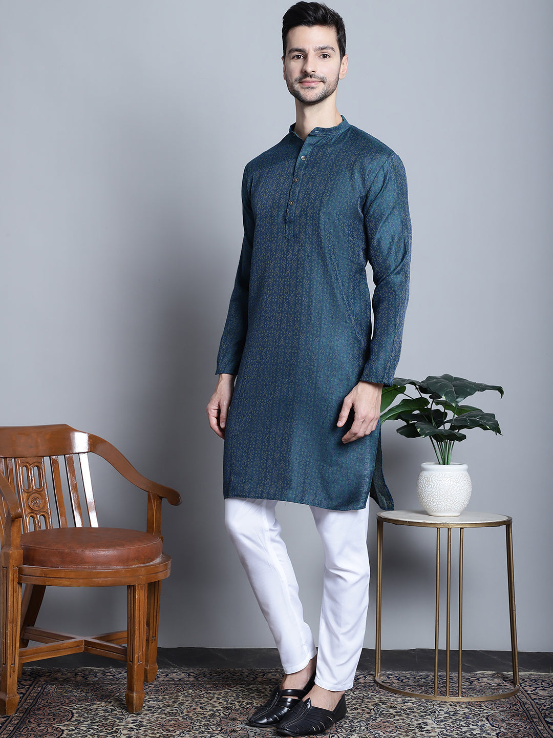 Jompers Men's Navy Blue Woven Design Kurta with Pyjamas - Distacart