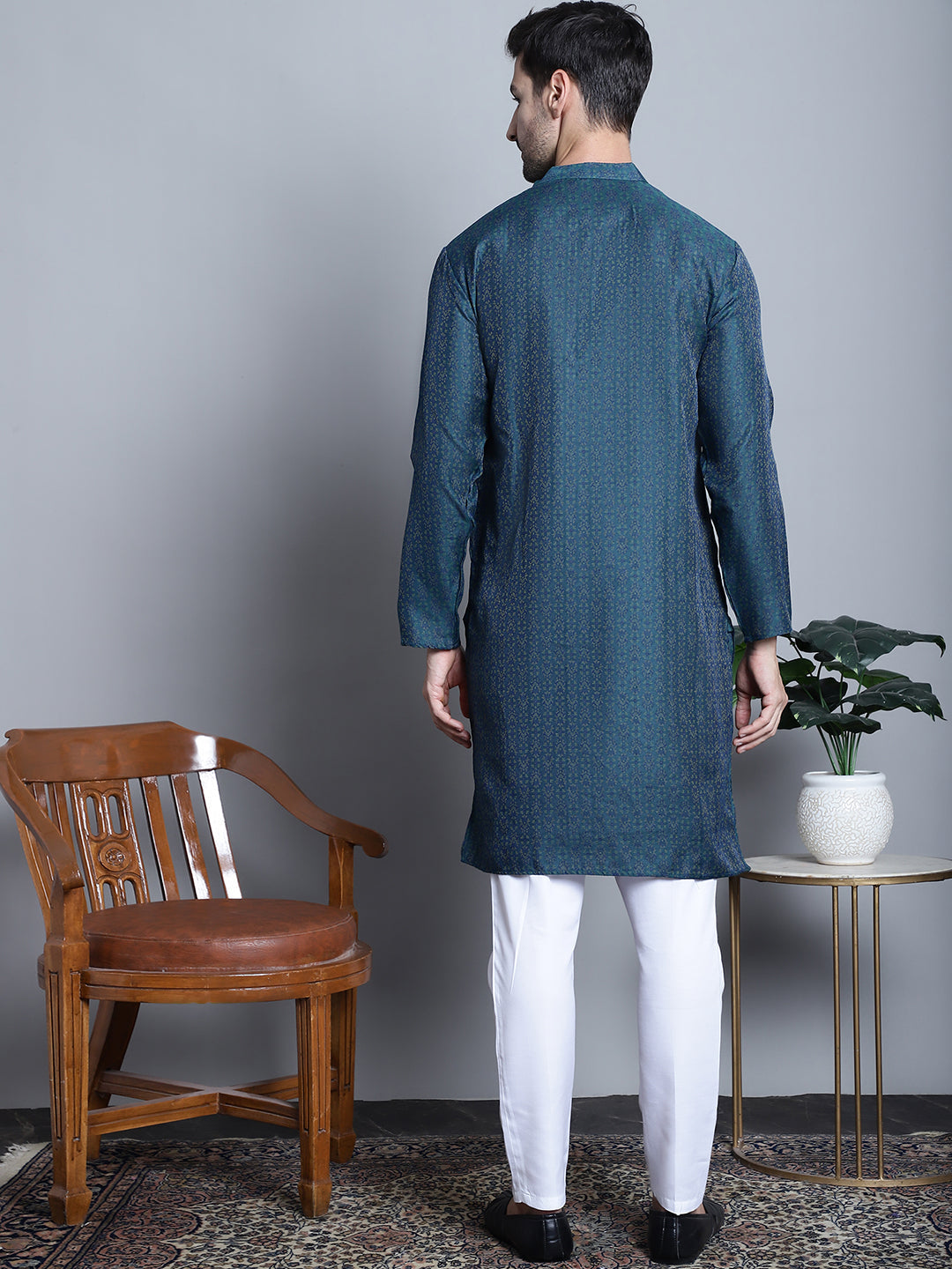 Jompers Men's Navy Blue Woven Design Kurta with Pyjamas - Distacart