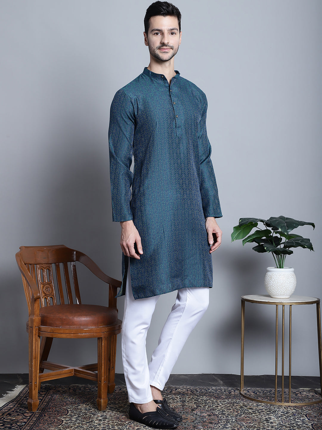 Jompers Men's Navy Blue Woven Design Kurta with Pyjamas - Distacart