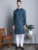 Thumbnail for Jompers Men's Navy Blue Woven Design Kurta with Pyjamas - Distacart