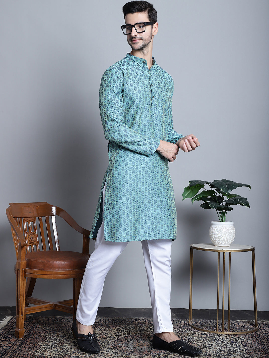 Jompers Men's Blue Woven Design Kurta with Pyjamas - Distacart