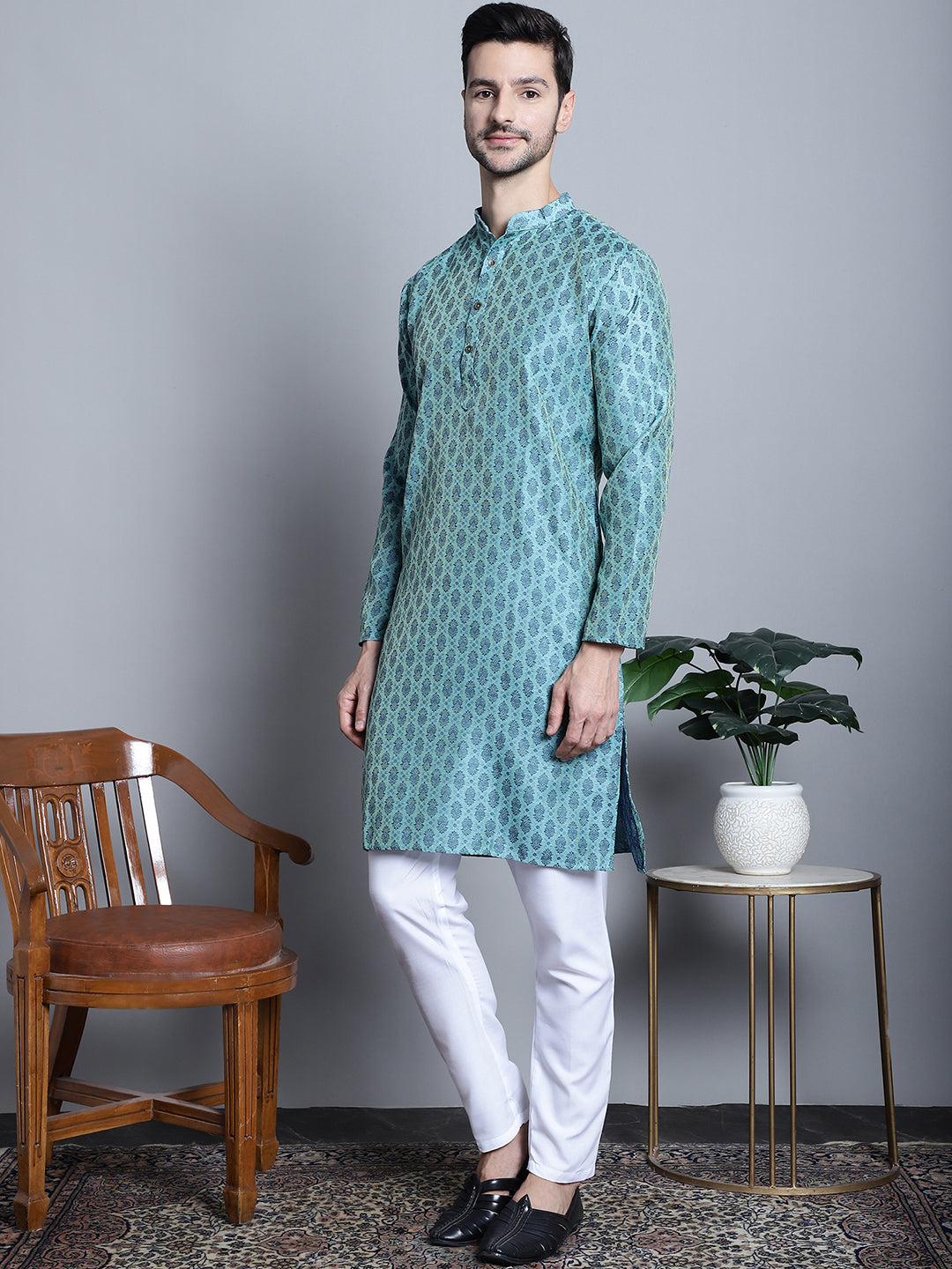 Jompers Men's Blue Woven Design Kurta with Pyjamas - Distacart