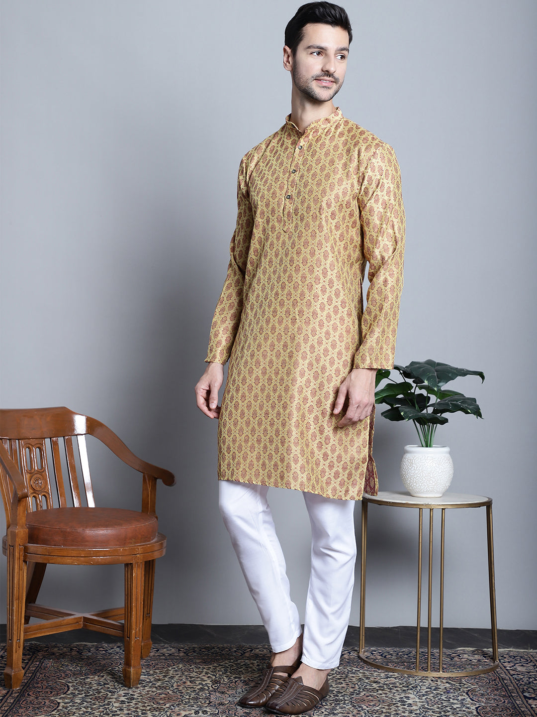 Jompers Men's Yellow Woven Design Kurta with Pyjamas - Distacart