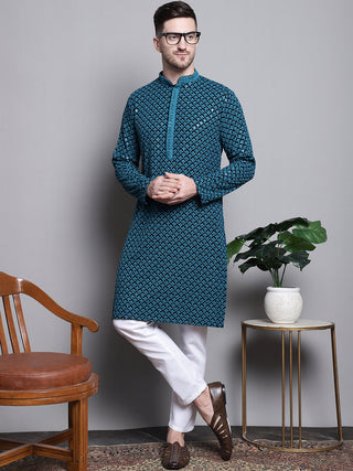 Jompers Men's Sequin Embroidered Pure Cotton Kurta with Pyjamas - Blue - Distacart
