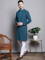 Thumbnail for Jompers Men's Sequin Embroidered Pure Cotton Kurta with Pyjamas - Blue - Distacart