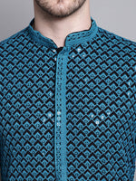 Thumbnail for Jompers Men's Sequin Embroidered Pure Cotton Kurta with Pyjamas - Blue - Distacart