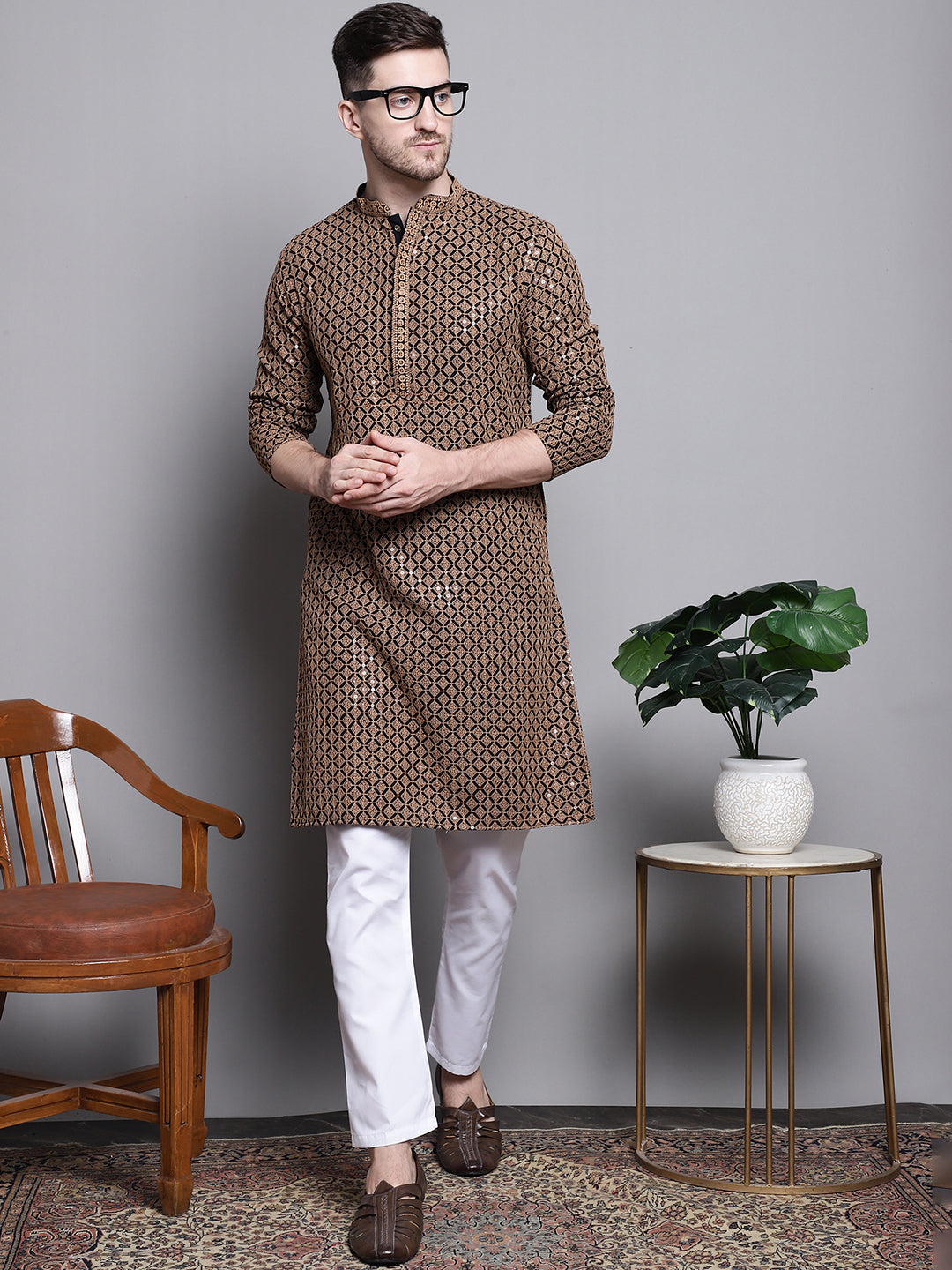 Jompers Men's Sequin Embroidered Pure Cotton Kurta with Pyjamas - Brown - Distacart