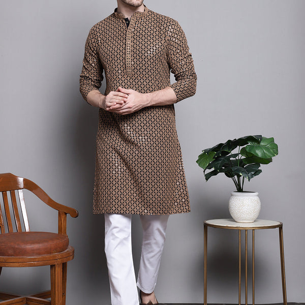 Jompers Men's Sequin Embroidered Pure Cotton Kurta with Pyjamas - Brown - Distacart