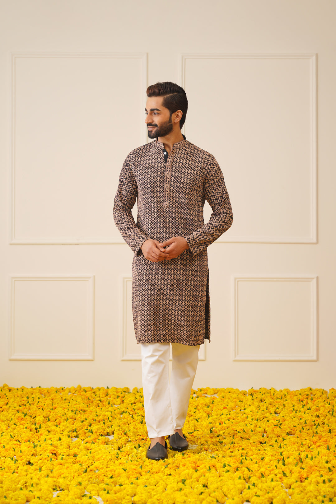 Jompers Men's Sequin Embroidered Pure Cotton Kurta - Brown - Distacart