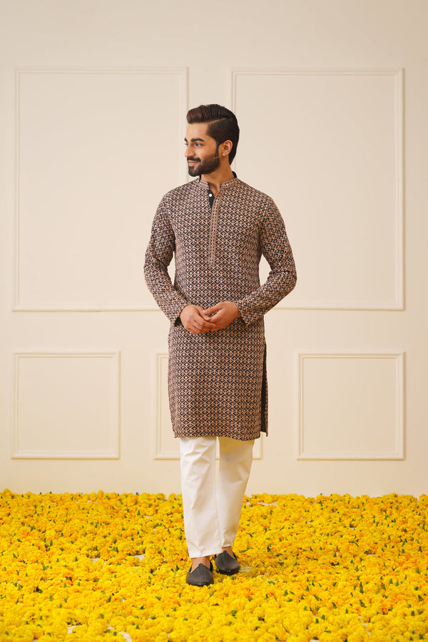 Jompers Men's Sequin Embroidered Pure Cotton Kurta - Brown - Distacart