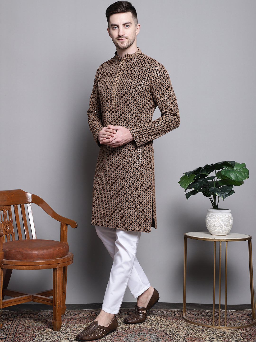 Jompers Men's Sequin Embroidered Pure Cotton Kurta with Pyjamas - Brown - Distacart