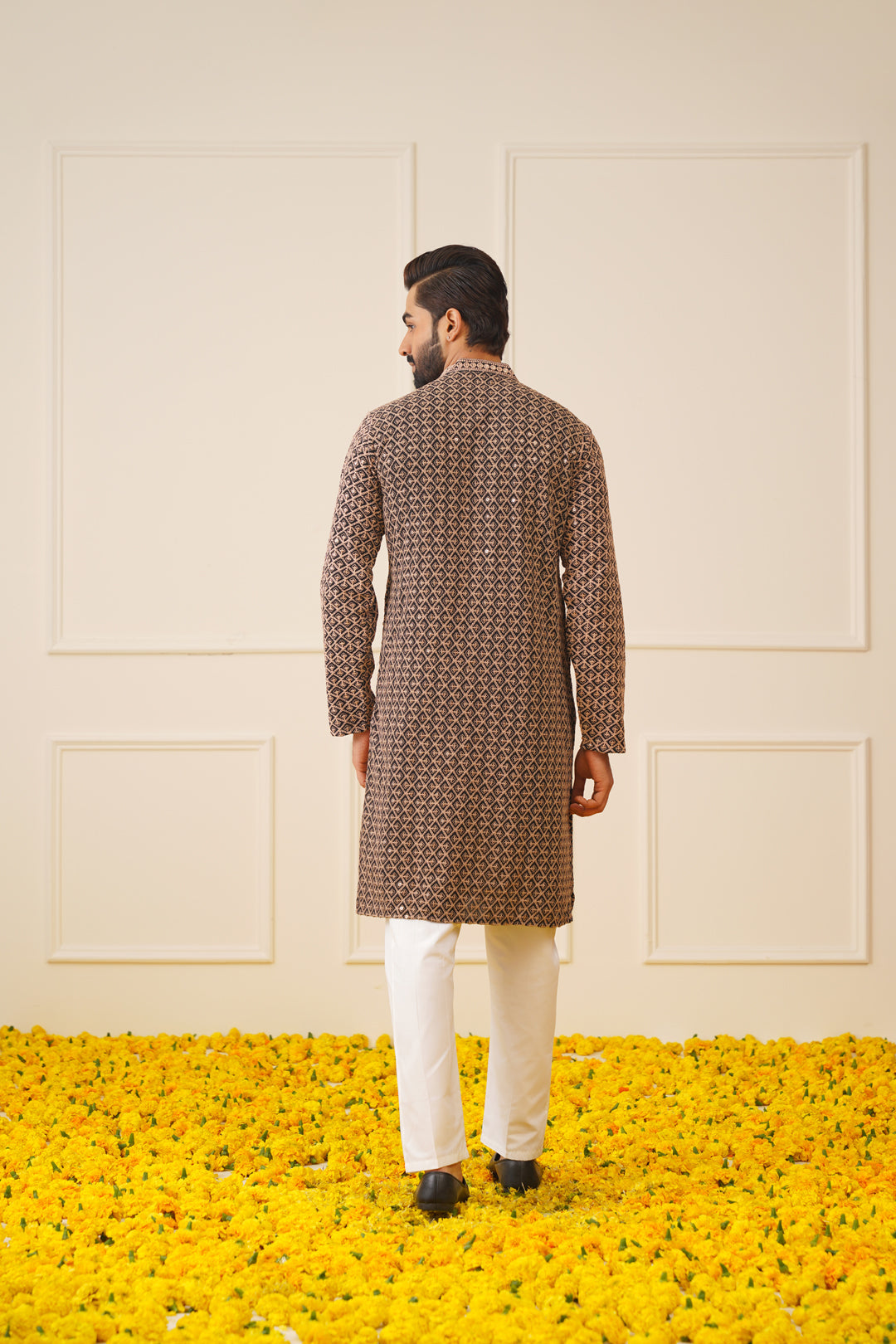 Jompers Men's Sequin Embroidered Pure Cotton Kurta - Brown - Distacart