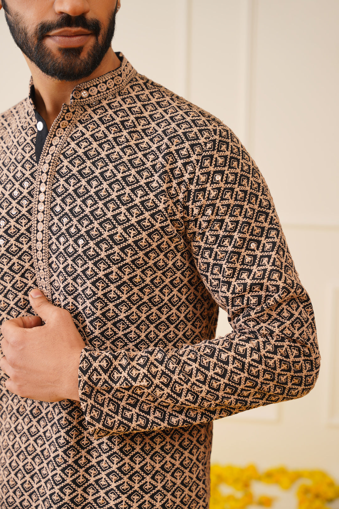 Jompers Men's Sequin Embroidered Pure Cotton Kurta - Brown - Distacart