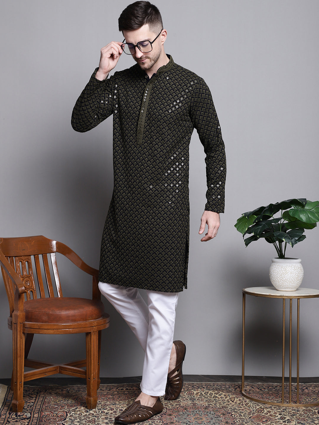 Jompers Men's Sequin Embroidered Pure Cotton Kurta with Pyjamas - Mehndi - Distacart