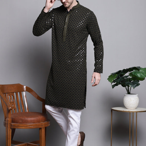 Jompers Men's Sequin Embroidered Pure Cotton Kurta with Pyjamas - Mehndi - Distacart