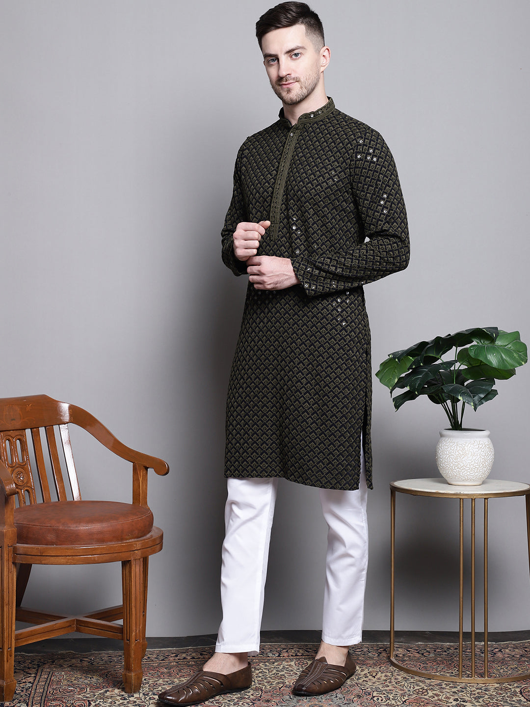 Jompers Men's Sequin Embroidered Pure Cotton Kurta with Pyjamas - Mehndi - Distacart