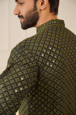 Thumbnail for Jompers Men's Sequin Embroidered Pure Cotton Kurta - Mehndi - Distacart