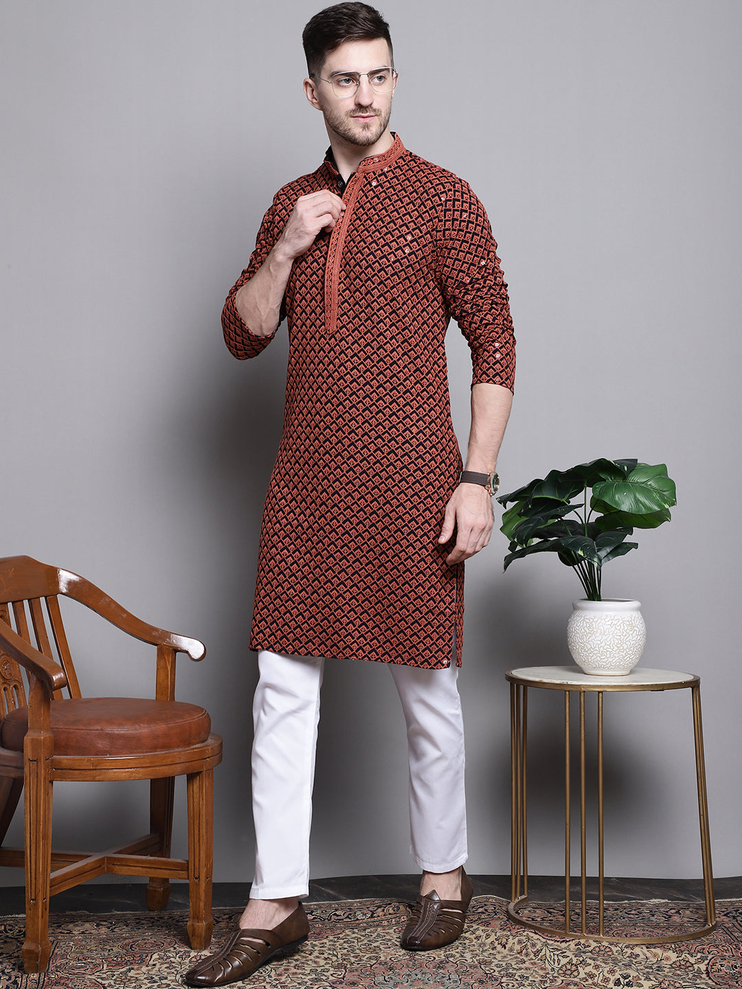 Jompers Men's Sequin Embroidered Pure Cotton Kurta with Pyjamas - Orange - Distacart