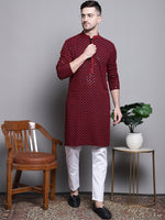 Thumbnail for Jompers Men's Sequin Embroidered Pure Cotton Kurta with Pyjamas - Red - Distacart