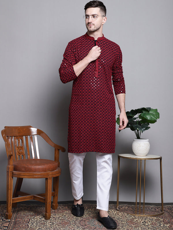 Jompers Men's Sequin Embroidered Pure Cotton Kurta with Pyjamas - Red - Distacart
