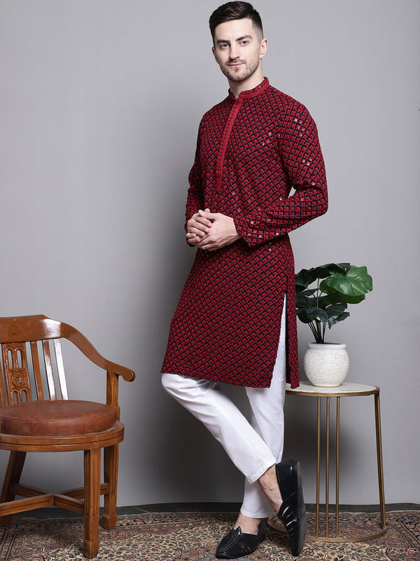 Jompers Men's Sequin Embroidered Pure Cotton Kurta with Pyjamas - Red - Distacart