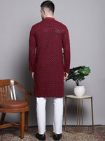 Thumbnail for Jompers Men's Sequin Embroidered Pure Cotton Kurta with Pyjamas - Red - Distacart