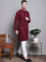 Thumbnail for Jompers Men's Sequin Embroidered Pure Cotton Kurta with Pyjamas - Red - Distacart