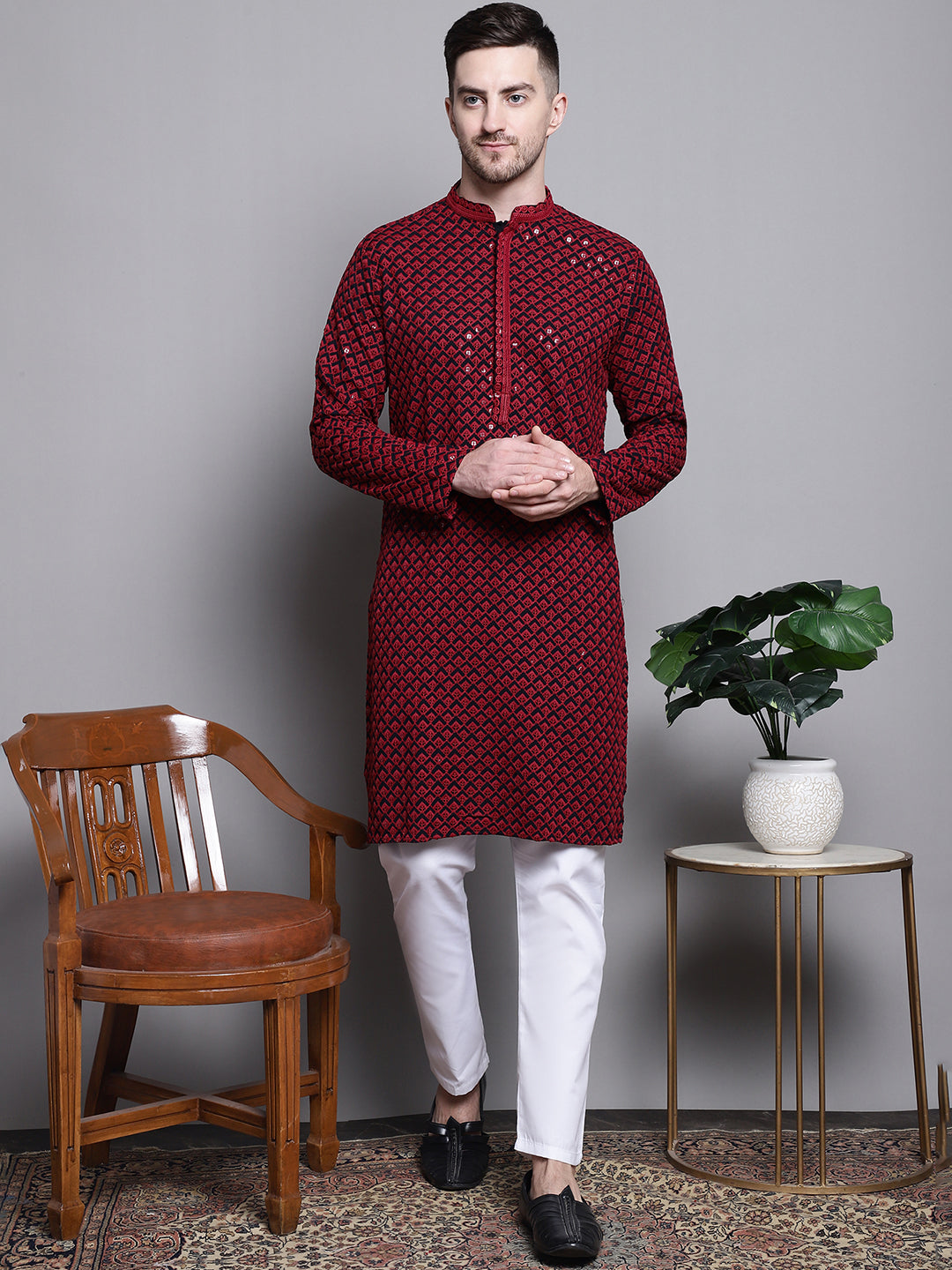 Jompers Men's Sequin Embroidered Pure Cotton Kurta with Pyjamas - Red - Distacart