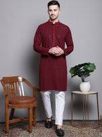 Thumbnail for Jompers Men's Sequin Embroidered Pure Cotton Kurta with Pyjamas - Red - Distacart