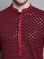 Thumbnail for Jompers Men's Sequin Embroidered Pure Cotton Kurta with Pyjamas - Red - Distacart