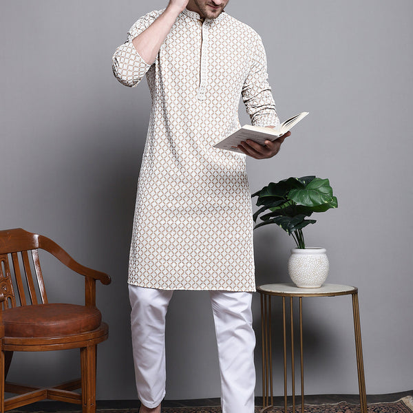 Jompers Men's Sequin Embroidered Pure Cotton Kurta with Pyjamas - Beige - Distacart