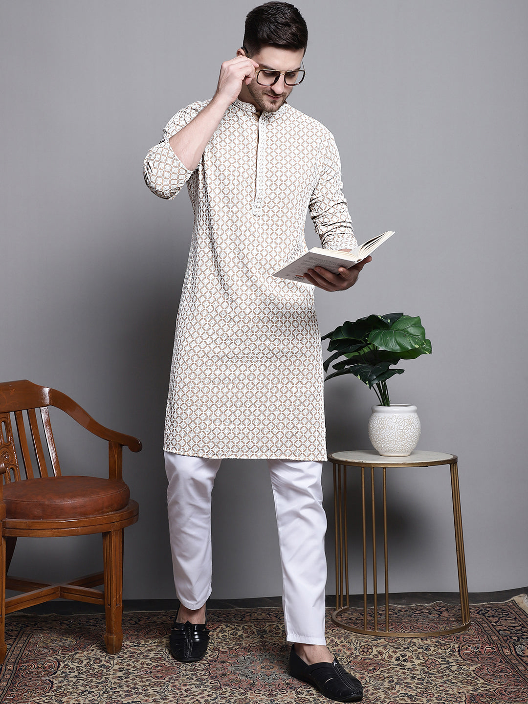 Jompers Men's Sequin Embroidered Pure Cotton Kurta with Pyjamas - Beige - Distacart