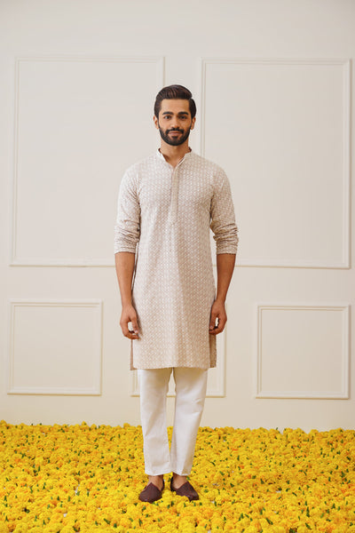 Jompers Men's Sequin Embroidered Pure Cotton Kurta - Beige - Distacart