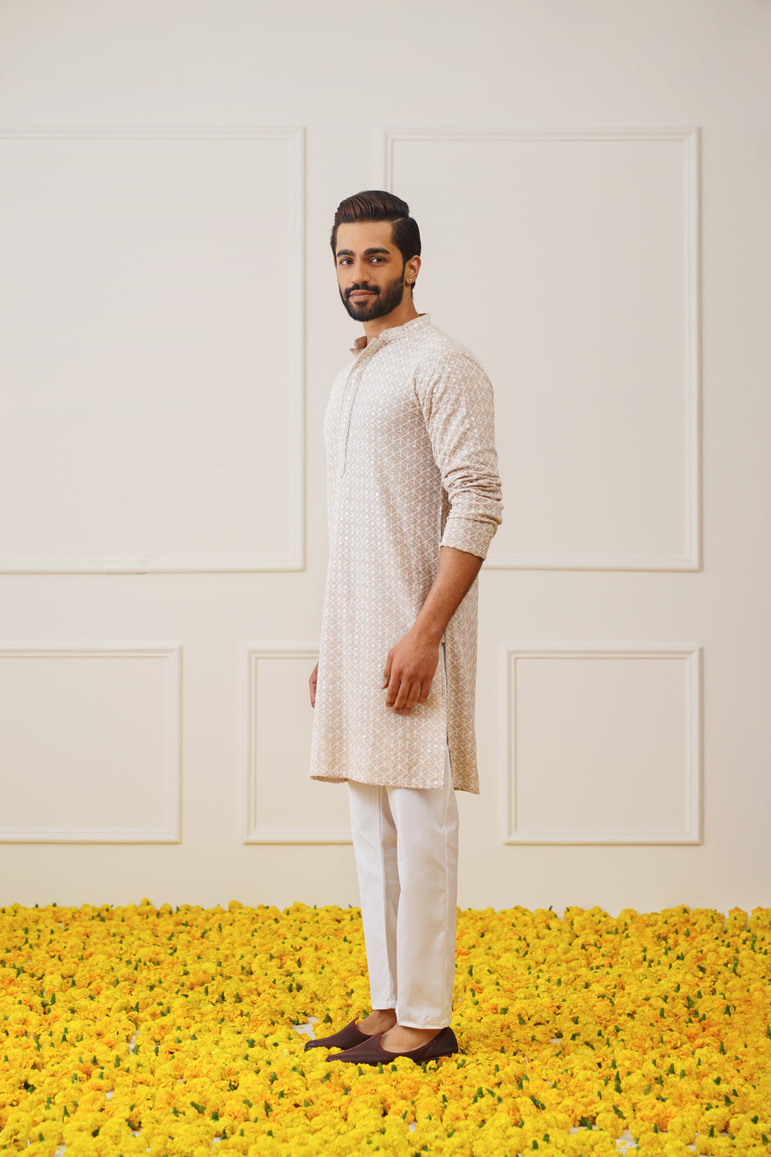 Jompers Men's Sequin Embroidered Pure Cotton Kurta - Beige - Distacart