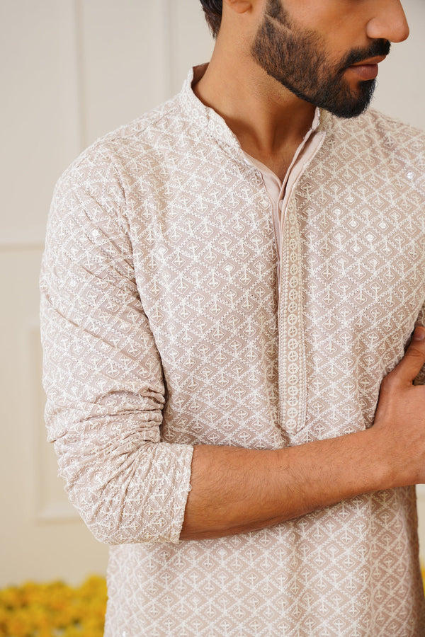 Jompers Men's Sequin Embroidered Pure Cotton Kurta - Beige - Distacart