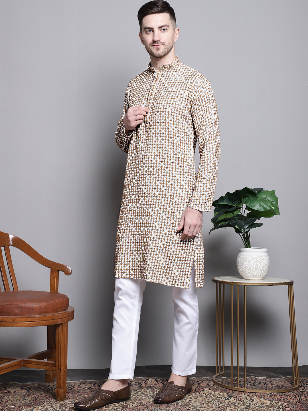 Jompers Men's Sequin Embroidered Pure Cotton Kurta with Pyjamas - Cream - Distacart