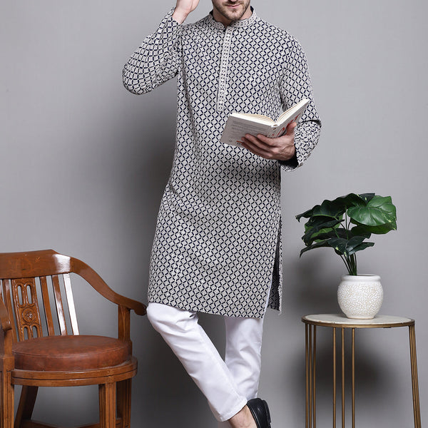 Jompers Men's Sequin Embroidered Pure Cotton Kurta with Pyjamas - Navy Blue - Distacart