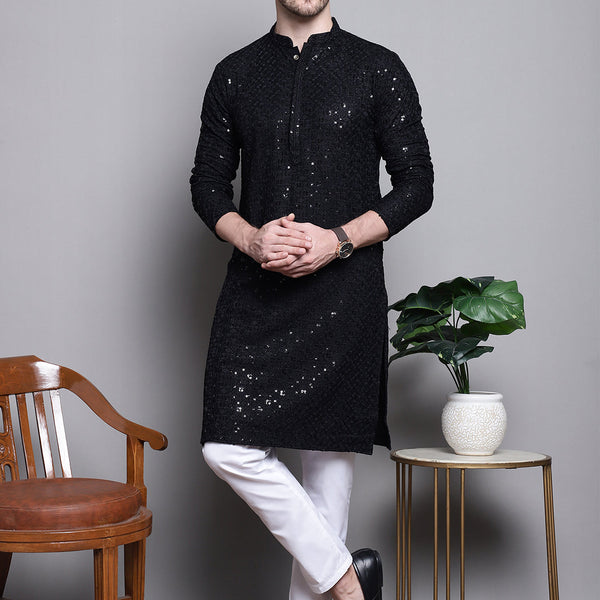 Jompers Men's Sequin Embroidered Pure Cotton Kurta with Pyjamas - Black - Distacart