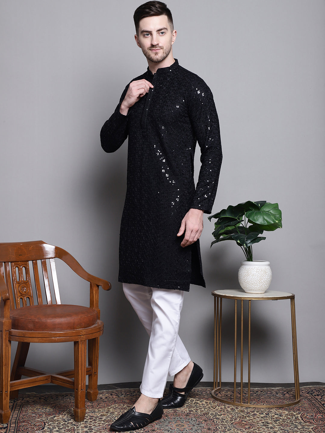 Jompers Men's Sequin Embroidered Pure Cotton Kurta with Pyjamas - Black - Distacart