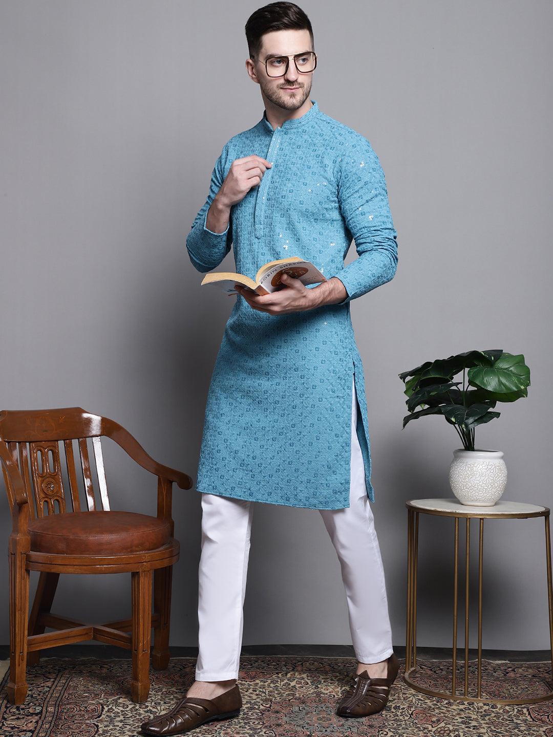 Jompers Men's Sequin Embroidered Pure Cotton Kurta with Pyjamas - Blue - Distacart