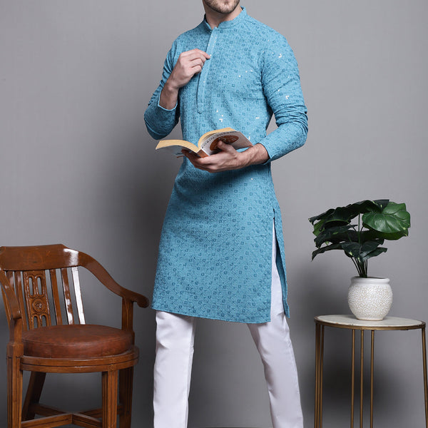 Jompers Men's Sequin Embroidered Pure Cotton Kurta with Pyjamas - Blue - Distacart