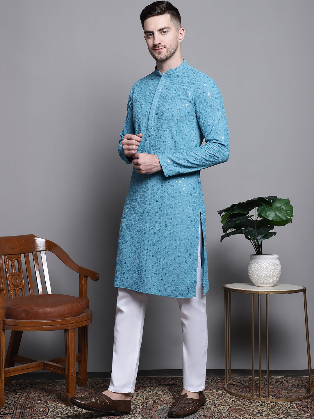 Jompers Men's Sequin Embroidered Pure Cotton Kurta with Pyjamas - Blue - Distacart