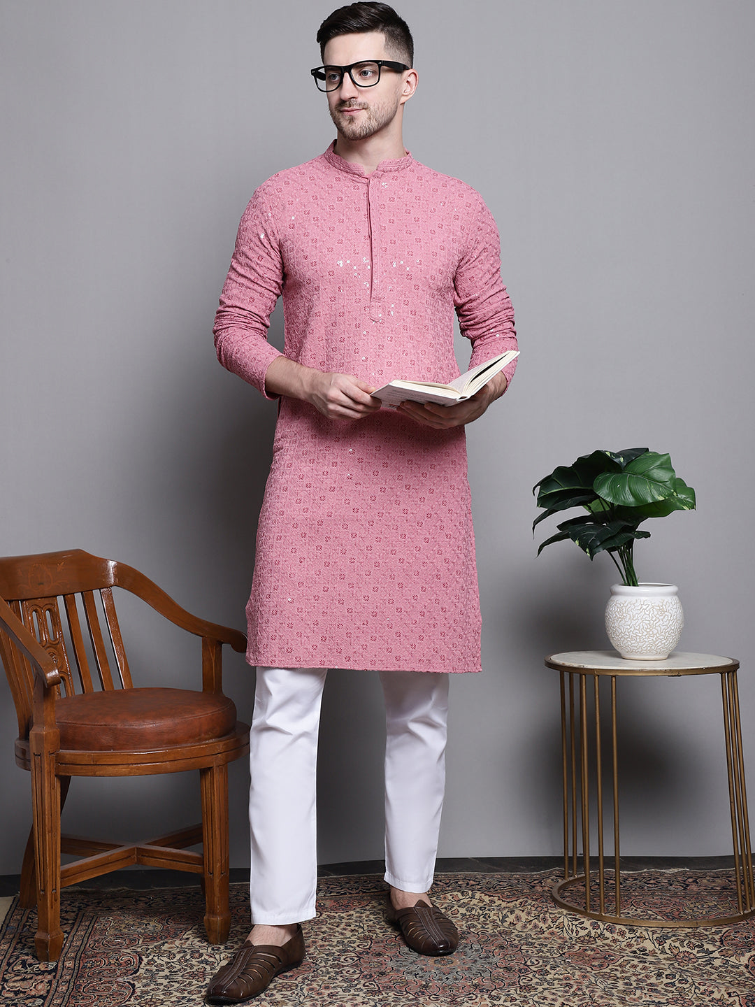 Jompers Men's Sequin Embroidered Pure Cotton Kurta with Pyjamas - Coral - Distacart