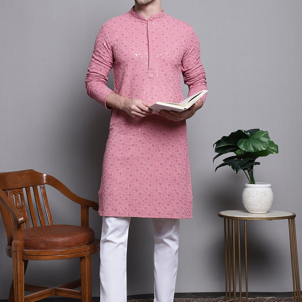 Jompers Men's Sequin Embroidered Pure Cotton Kurta with Pyjamas - Coral - Distacart